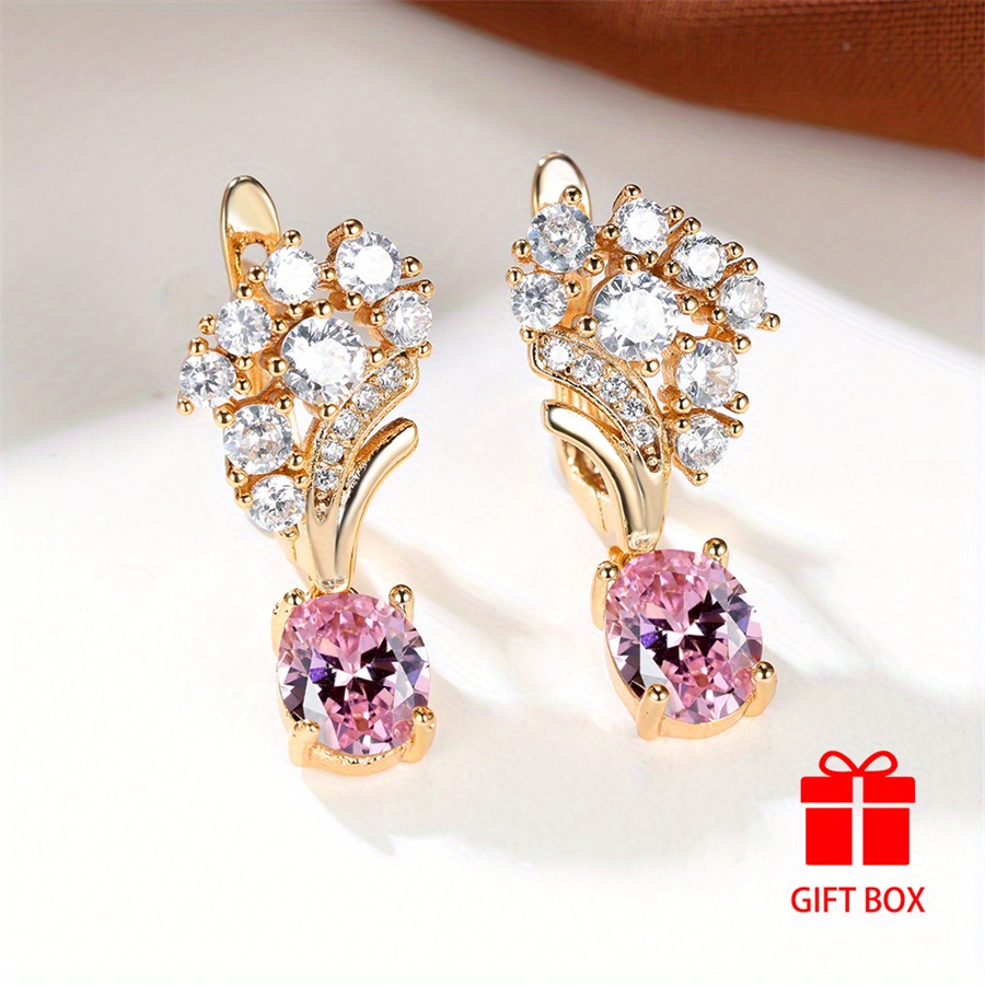 Pink Synthetic Zirconia Oval Cut Women's Earrings for Wedding Party